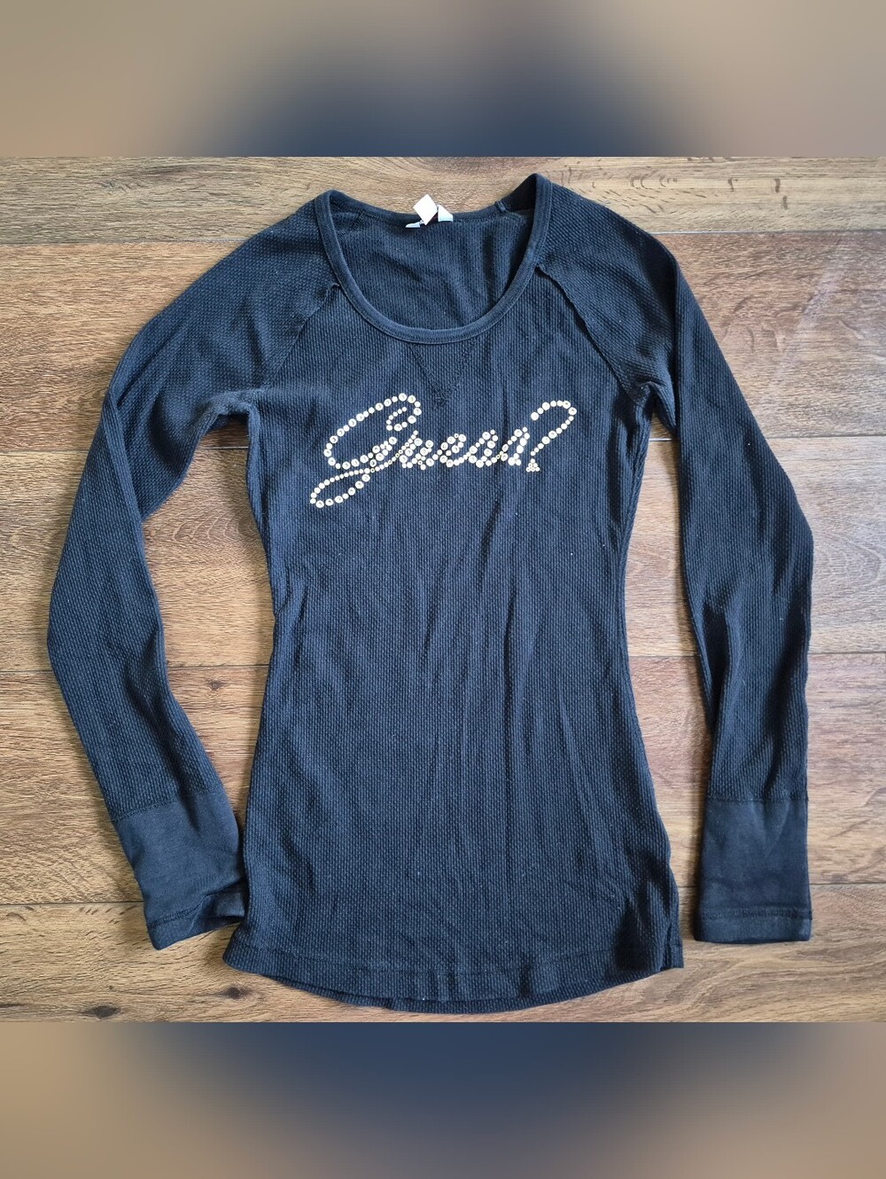 Guess? Black Long-Sleeve Textured Thermal Waffle Top w/ Silver Rhinestones Sz S